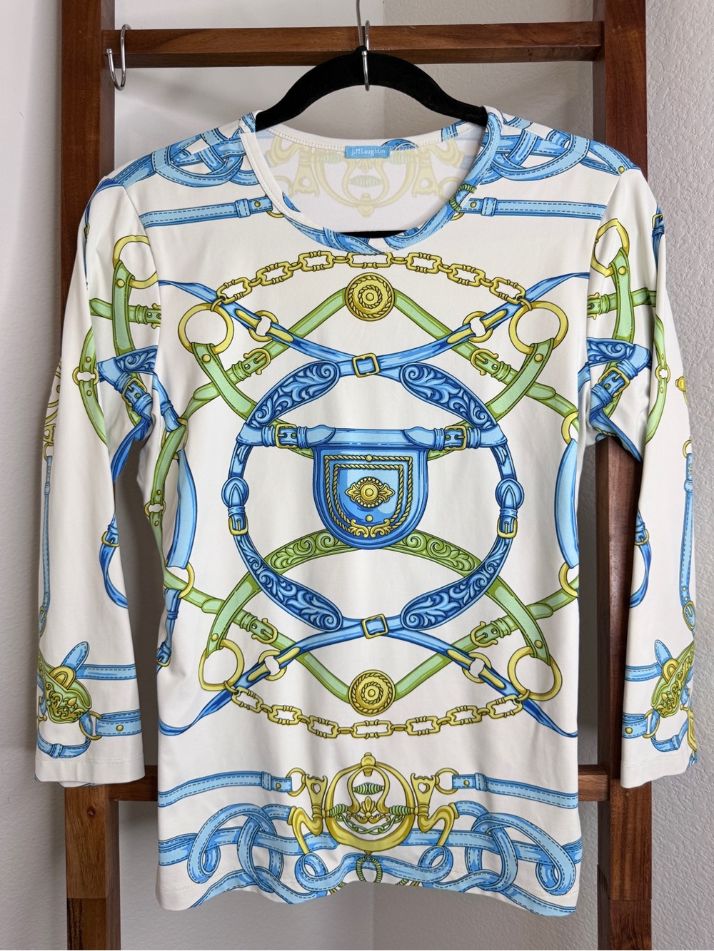 J.McLaughlin Equestrian Horsebit Print 3/4 Sleeve Top Blue Green Small